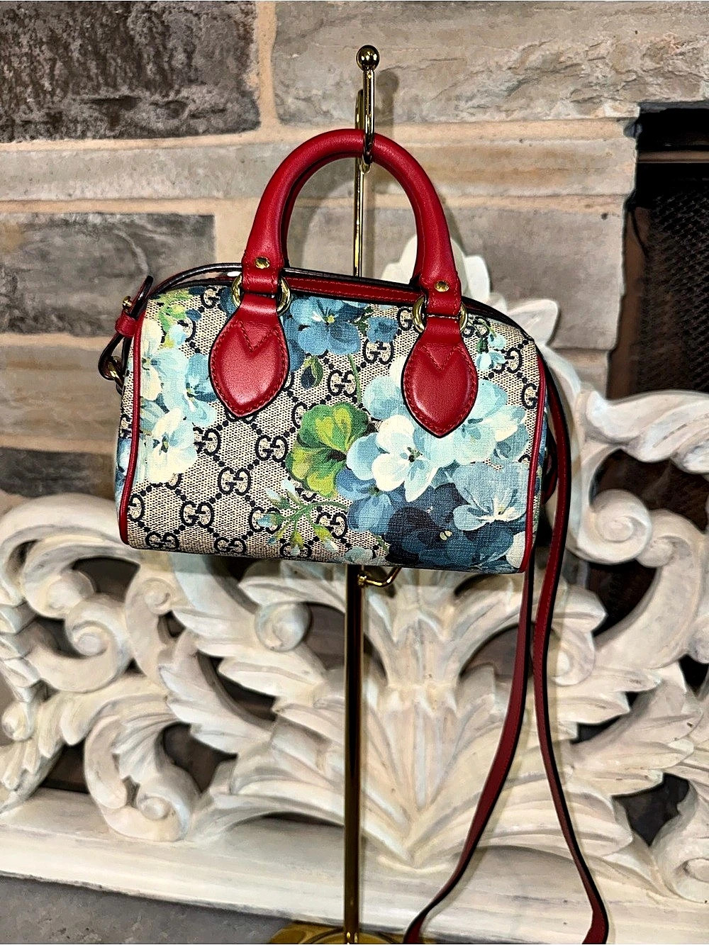 Gucci GG Supreme Blooms Mini Boston Bag Floral Satchel Blue & Red